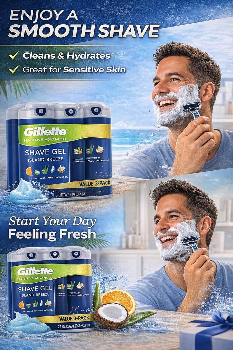 Gillette Sensitive Plus Island Breeze - Alcohol-Free Shaving Gel with Aloe & Vitamin C | 3 Pack