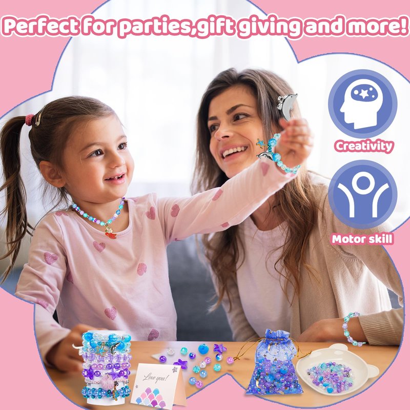 Danvren Mermaid Bracelet Making Kit for Girls, Mermaids Toys Jewelry Craft Christmas Birthday Gifts for Girl, 200+ DIY Beads,Charm Necklace Making Kits for Kids Ages 5-10