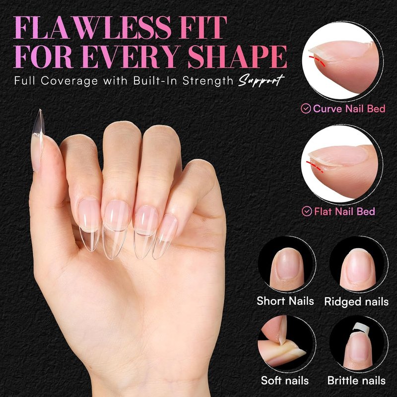 Makartt Almond Nail Tips - 504 PCS Pre-Etched Clear False Nails in 15 Sizes for Salon & DIY Use