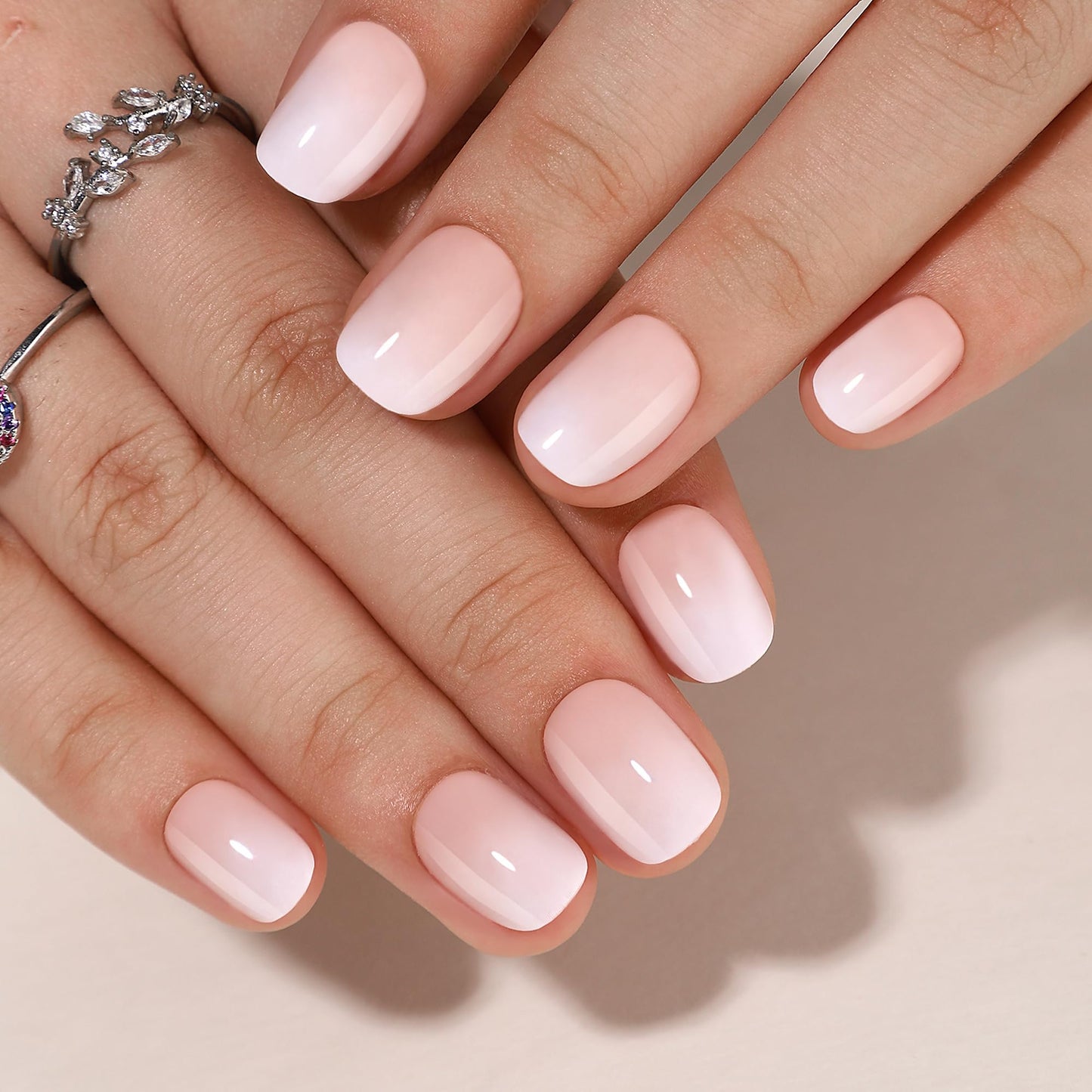 WAFOLOZE Gel Press On Nails - White Ombre Square Short Fake Nails With Glue, 16 Sizes, 32Pcs Reusable Soft Gel False Tips Kit