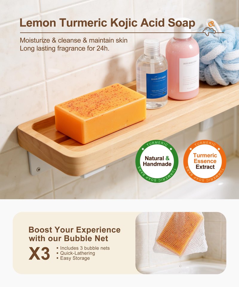 NOOROLA Lemon Turmeric Kojic Acid Soap, 4 Pcs Turmeric Soap Bar Infused with Hyaluronic Acid, Vitamin C，E, Shea Butter for Face & Body Deeply Clean, 3 Foam Nets