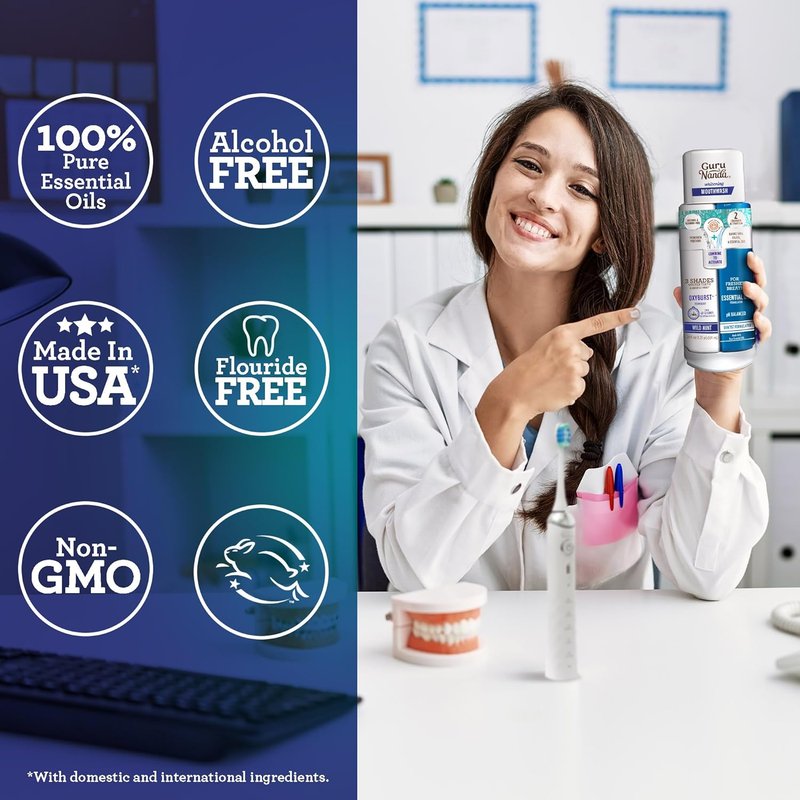 GuruNanda Teeth Whitening Mouthwash - Alcohol & Fluoride Free, Wild Mint Flavor | 20 Fl Oz