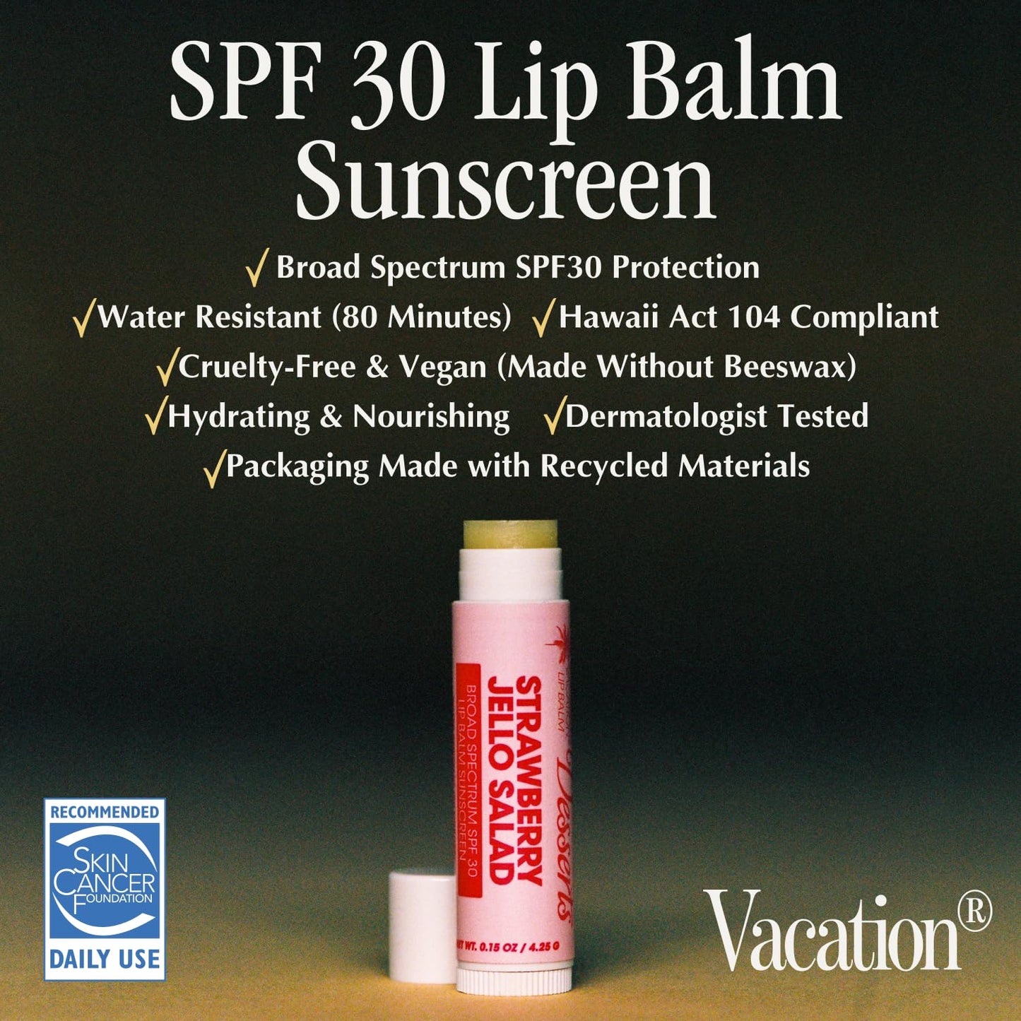 Vacation Strawberry Jello Salad SPF 30 Lip Balm, Pack of 3 - Hydrating Sunscreen for Lips, Water-Resistant, Lightweight, Transparent Sheen, Vegan