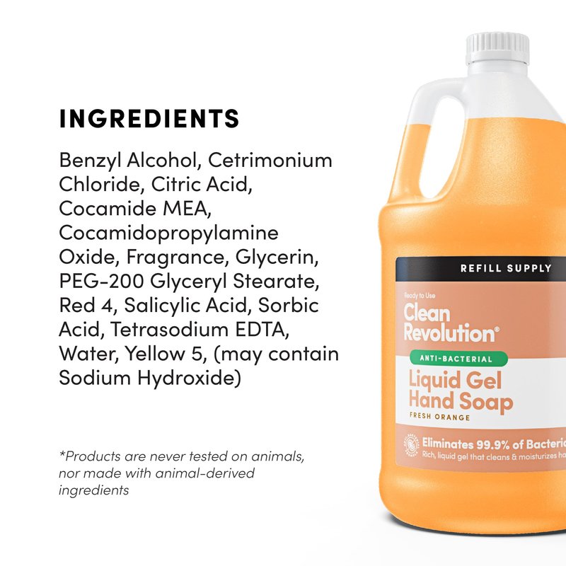 Clean Revolution Antibacterial Liquid Gel Hand Soap Refill, 128 Fl Oz, Fresh Orange Scented - Made in USA