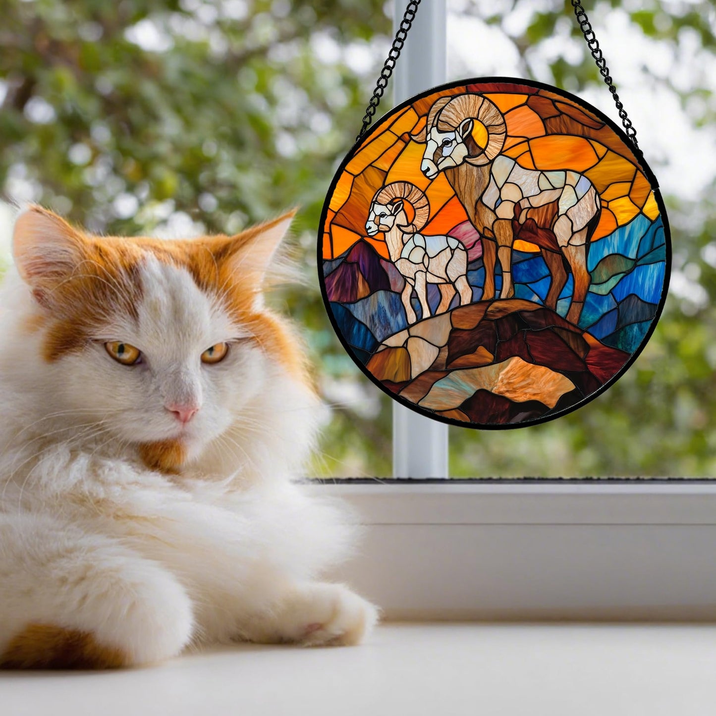 QZQCBLC Stained Glass Window Hanging Bighorn Sheep Mountain Landscape 6.3" - Suncatcher Door Garden Sun Catcher Home Decor Christmas Birthday for Mom Men Woman Friends Nana
