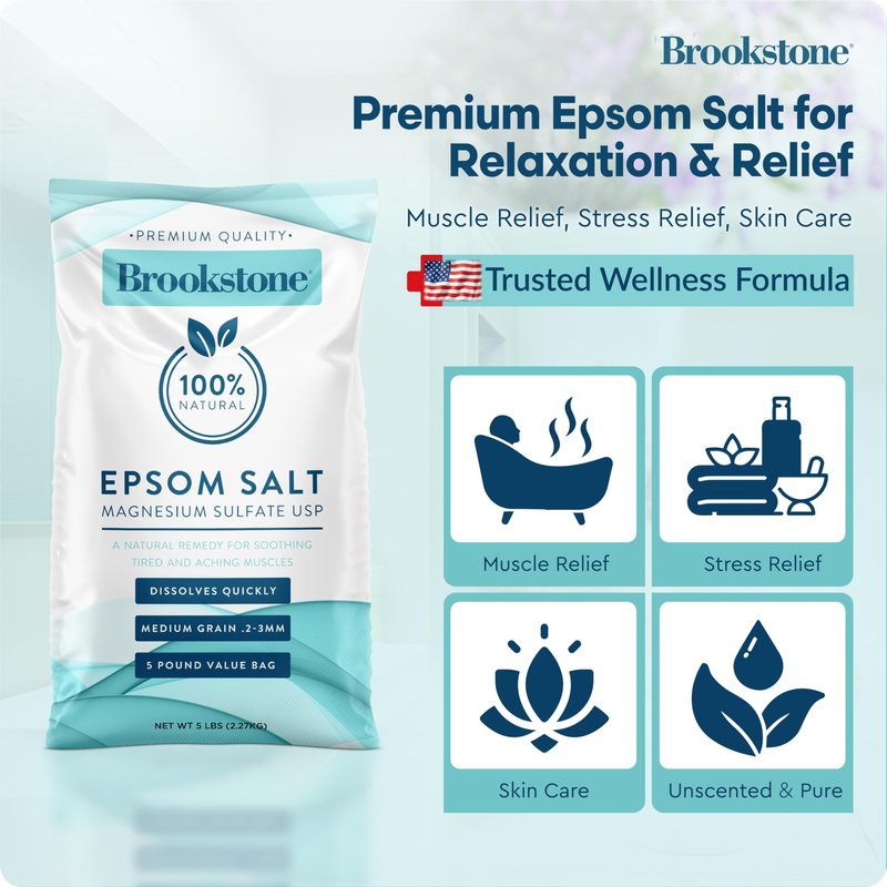 Brookstone 5 lb Epsom Salt Bulk Bag - Premium Magnesium Sulfate USP, Medium Grain Unscented Bath Soak Salt - Pure Epsom Salt for Bath, Foot Soak, Muscle Relief, Stress Relief & Skin Care