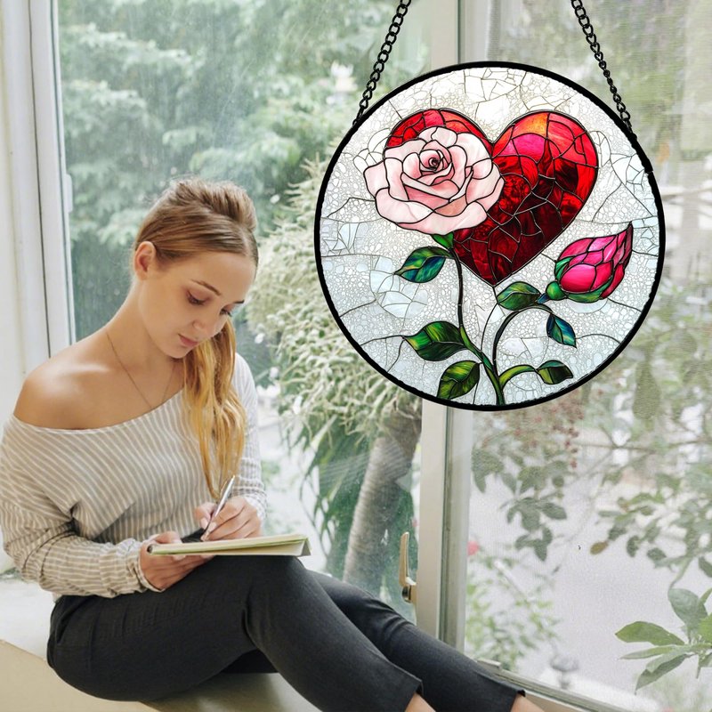 QZQCBLC Stained Glass Window Hanging Red Heart Pink Rose Flower 7.8" - Suncatcher Door Garden Sun Catcher Decor Birthday Anniversary Valentines Day Gifts for Woman Wife Men Her Him Lovers Mom