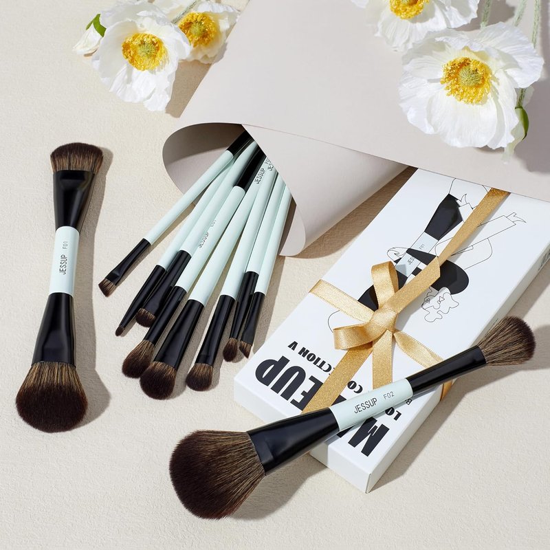 Jessup Makeup Brushes Set - 10-Piece Double-Sided Foundation, Contour & Blending Tools | Bright Cyan, Cruelty-Free
