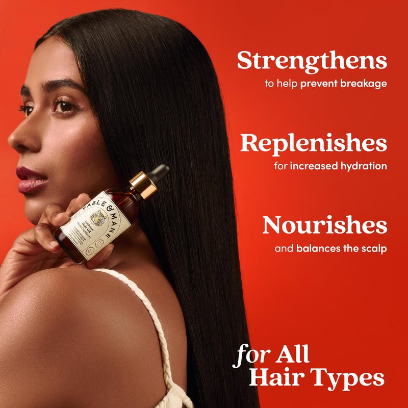 Fable and Mane Hair Oil - HoliRoots Strengthening Serum for Damaged, Frizzy Hair with Ashwagandha, Castor Oil & Scalp Treatment - 1.8FL oz