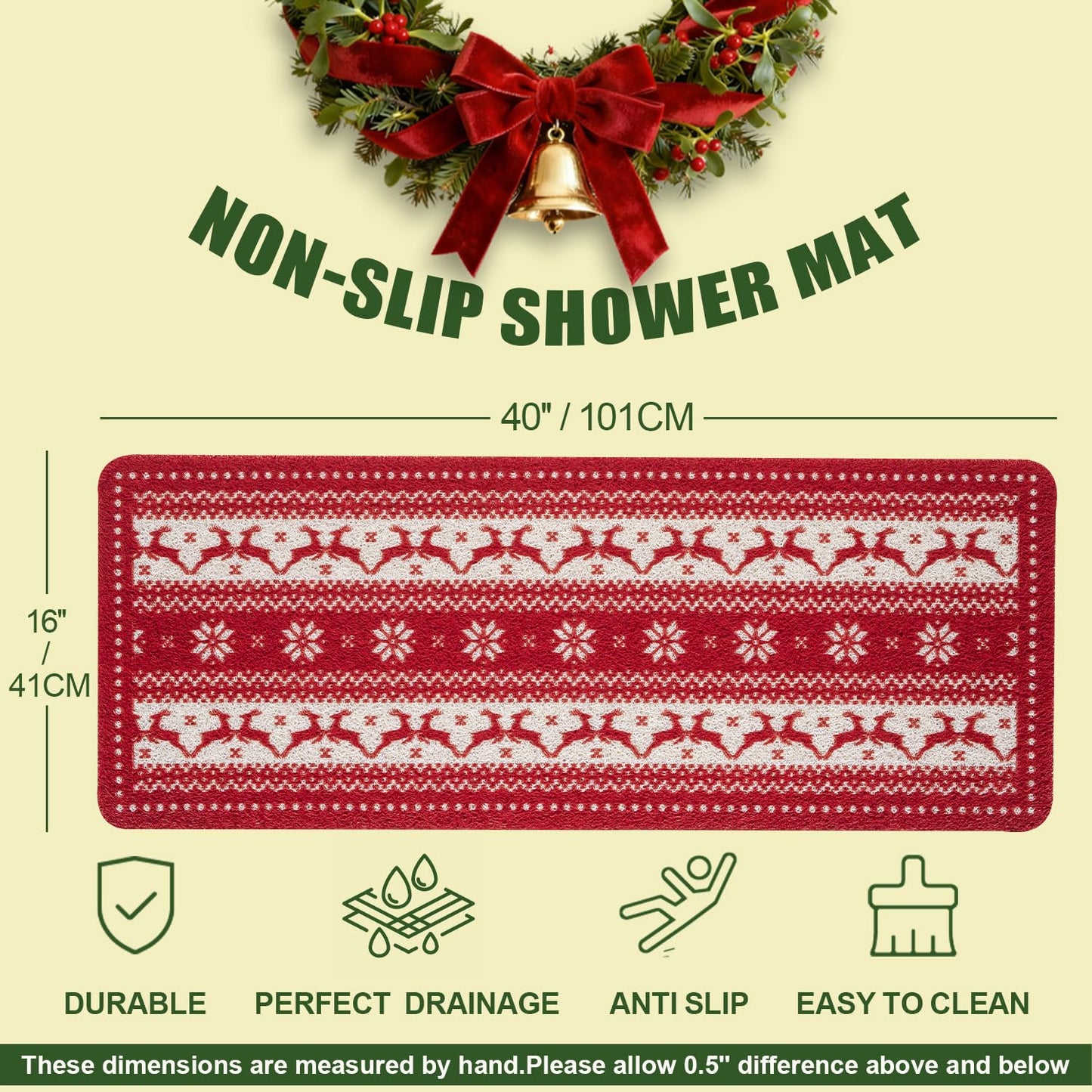 Hargiis Christmas Non-Slip Bathtub Mat, Anti Slip Shower Mat, Fast Drying Bathtub Mats, Foot Scrubber Mat, Anti Slip Mat for Tub, Floor, Bathroom, Kitchen, Home, Hotel (Reindeer Snowflake, 40"x16")