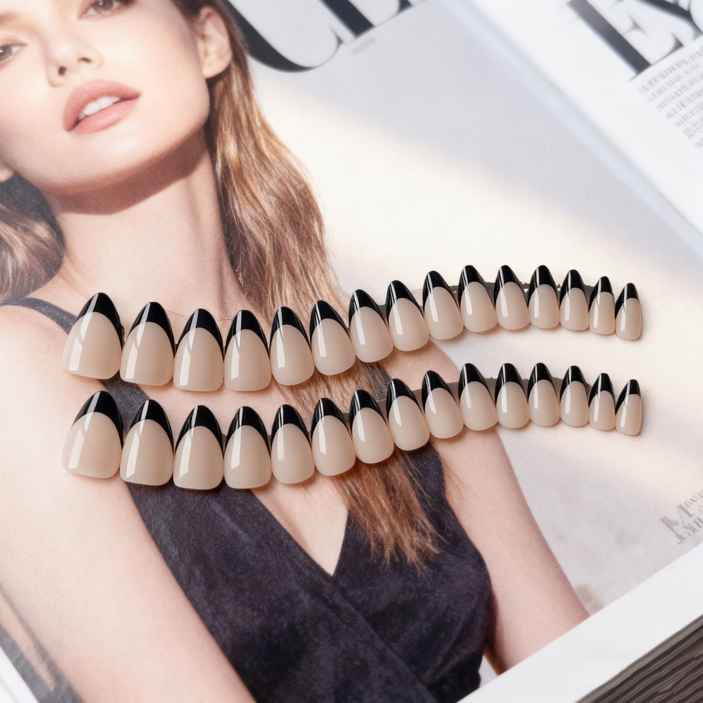 SXVME Press On Nails Short Almond, Black French Tip Press On Nails with Glue for Women, Natural French Fake Nails Press ons in 15 Sizes - 30 Soft Gel Glue On Nails Kit, Realistic Look, Classic