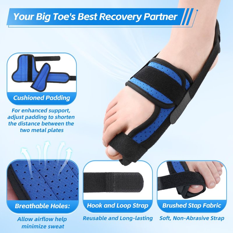 Chonario Big Toe Brace Splint for Broken, Turf Toe, Fracture, Arthritis, Sprains, Support for Women & Men, with 2 Removable Metal Plates - Blue Right