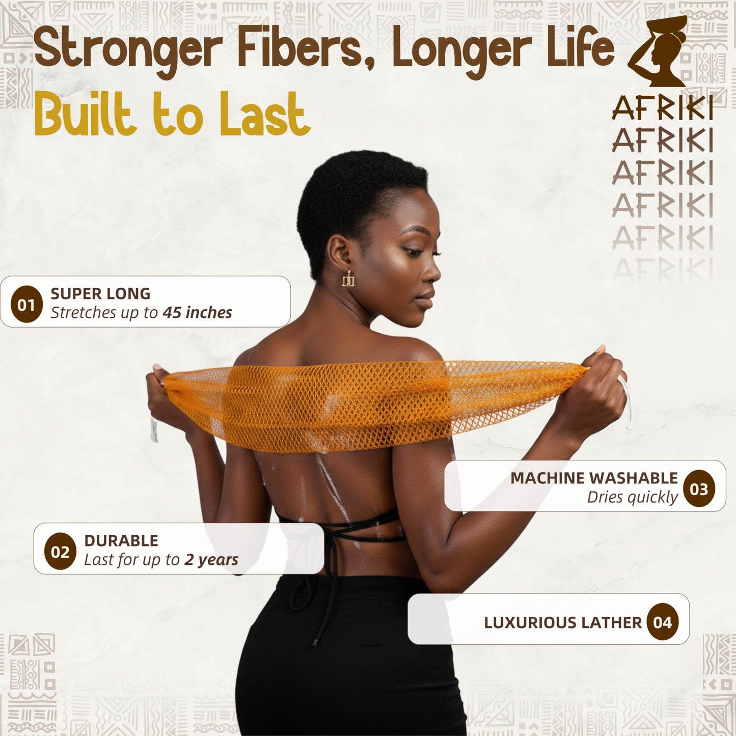 African Net Sponge, Premium Authentic Exfoliating Body Scrubber, Extra Long Stretch Bath Sponge for Shower, Deep Exfoliating Washcloth for Smooth Skin, 1 Pack (Champagne Gold)
