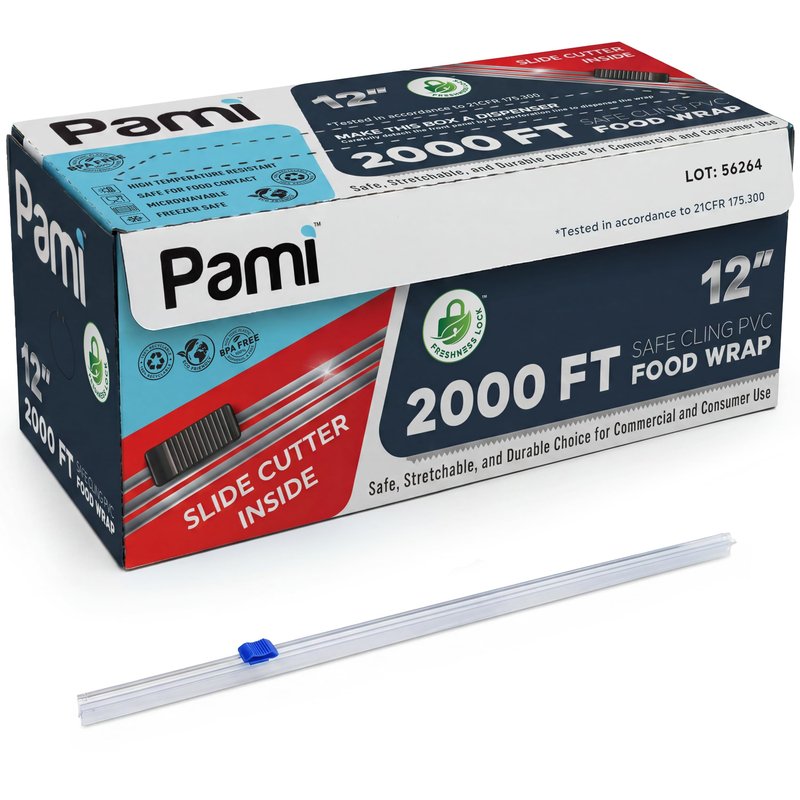 PAMI 12'' x 2000 FT PVC Cling Wrap, Heavy Duty Plastic Food Wrap with Slide Cutter, Clear Stretch Film, Strong Cling, Food Safe, for Commercial & Home Kitchen Use