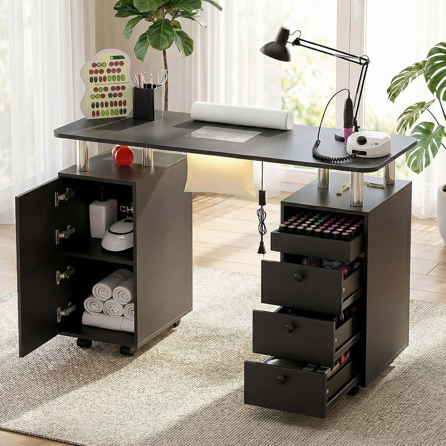 Skiennix Nail Tech Table - Rolling Manicure Desk with Dust Collector & LED Light | Acetone-Resistant, Black