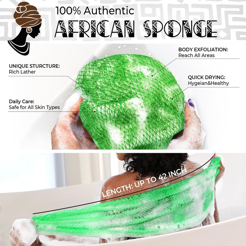 African Net Sponge Authentic - 2 Pieces Exfoliating Body Scrubber Bath Sponge Camellia&Green- Back Scrubber Washcloth for Shower - Real African Scrub Exfoliator Body Care Bathing Accessorie