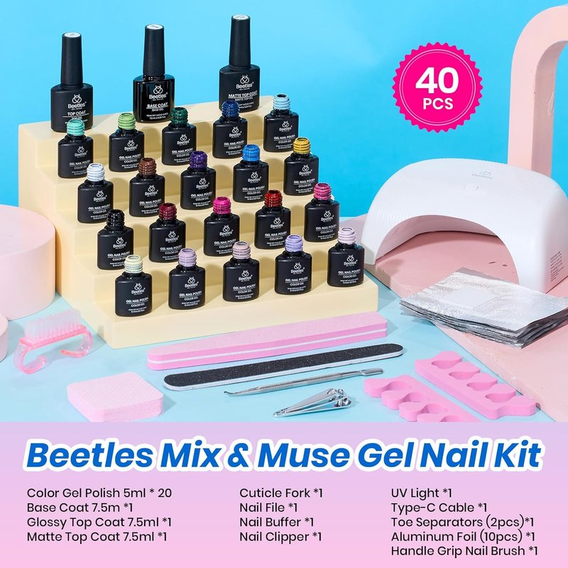 Beetles Gel Nail Polish Kit - 20 Vibrant Colors with UV Light | TPO & HEMA Free Base & Top Coat for DIY Nail Art