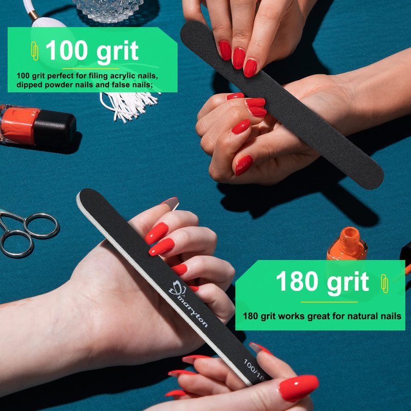 Maryton Nail File 100/180 Grit Emery Boards for Nails 12 PCS Professional Double Sided Washable Nail Files Kit for Acrylic Nails DIY Salon Use (Black)