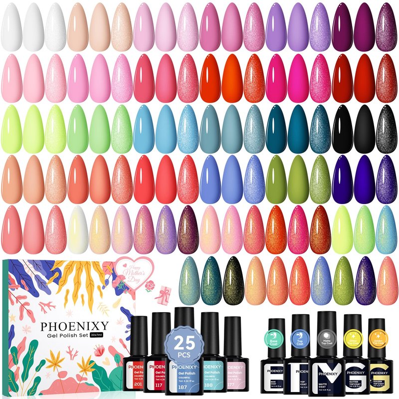 Phoenixy 30 Pcs Gel Nail Polish Set, 25 Colors Nail Polish Set with Pink Tangerine Orange Pink 5pcs Base Top Coat Nail Art Kit Gifts for Women