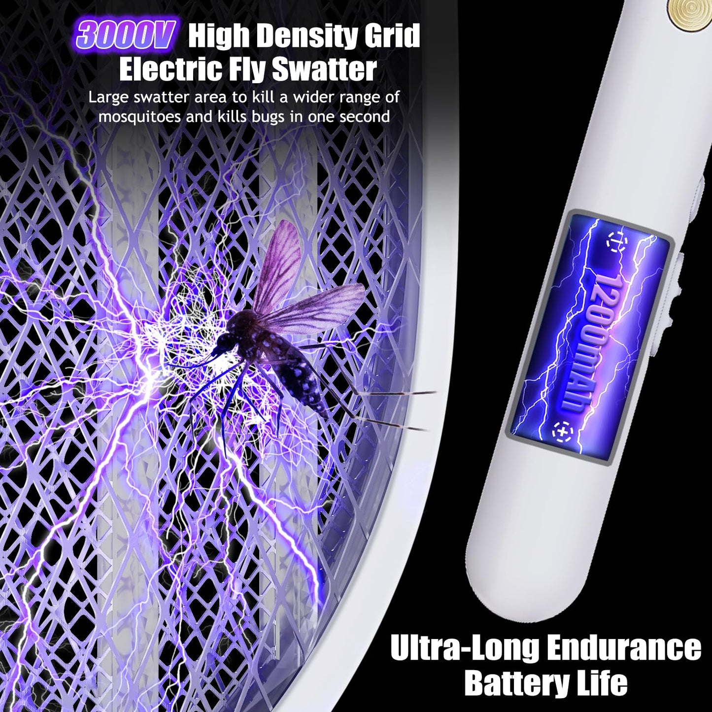 2 PCS 3000V Electric Fly Swatter Racket, 2 in 1 Bug Mosquito Killer Zappers USB Rechargeable, 1200mAh Mosquitoes Killer Lamp & Fly Zappers with 3 Layer