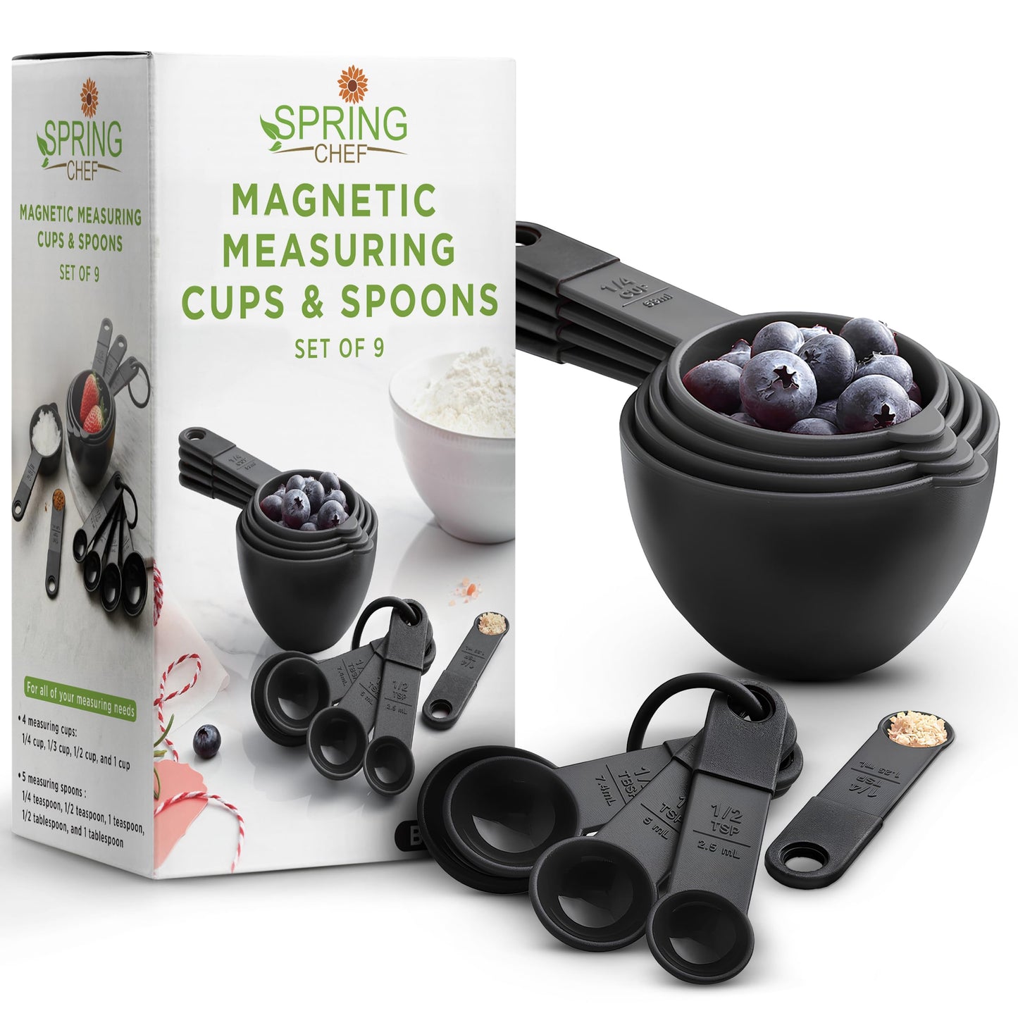 Spring Chef Magnetic Measuring Cups and Spoons Set of 9, Nesting Kitchen Tool with Easy to Read Markings for Measuring Dry or Liquid Ingredient, BPA Free, Black