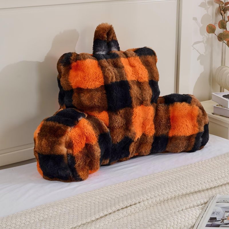 Animebody Reading Pillows for Boyfriend Adult,Velvet Back Pillow Bed Wedge Large, Back Rest Support Cushion for Sitting Up in Bed/Couch for Bedrest 18inch-Orange-Black Grid Print