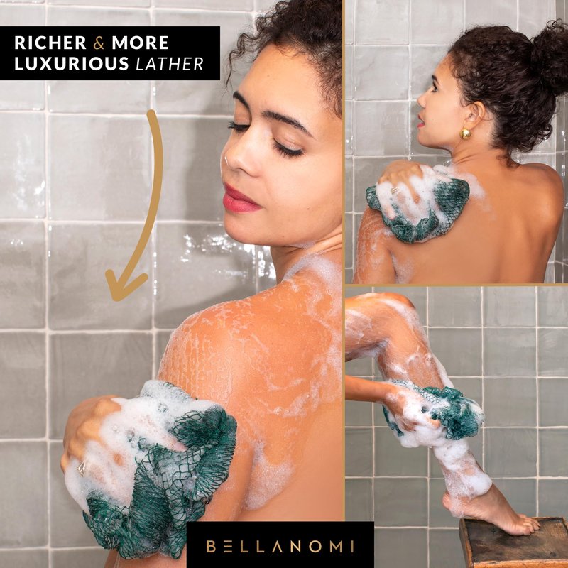 BELLANOMI African Exfoliating Net Sponge 2-Pack Sapo – Authentic & Ethically Sourced, 45" Long Back Scrubber, Quick-Dry 100% Nylon, Gentle Exfoliation Great for Daily Use (Indigo & Blush)
