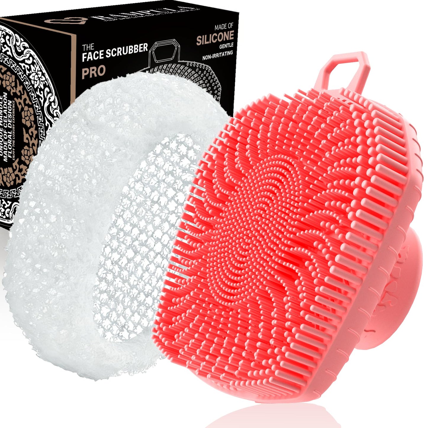 RamPula Face Scrubber & African Net, Silicone Exfoliating Brush for Men, Facial Cleansing Brush, Manual Waterproof Cleansing Skin Care, Blackhead Removing Pore Cleansing Massaging Face Brushes - Pink