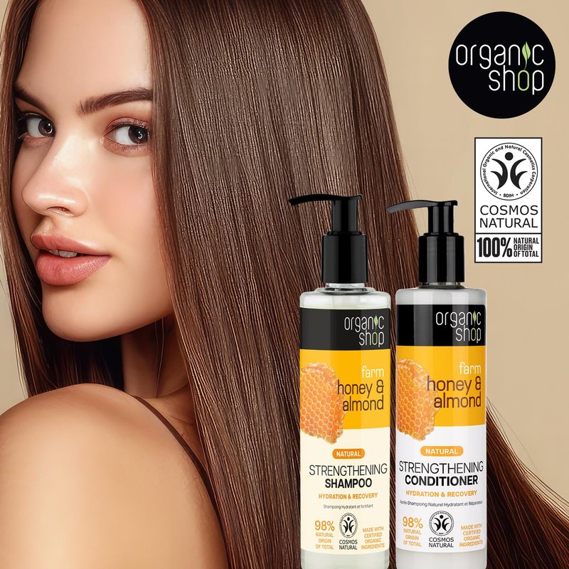 Organic Shop Honey & Almond Hair Strengthening Shampoo & Conditioner Hydrate Moisturizing Restorer, Softens & Deeply Hydrates Dry Damaged Hair, Paraben-Free, Sulfate-Free. 100% Vegan - Organic. Pack-2