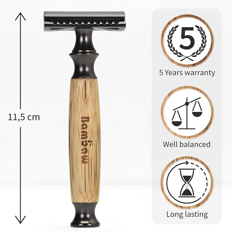 Bambaw Safety Razor - Eco-Friendly Double Edge Razor for Men & Women | Reusable with 5 Blades, Thick Bamboo Black