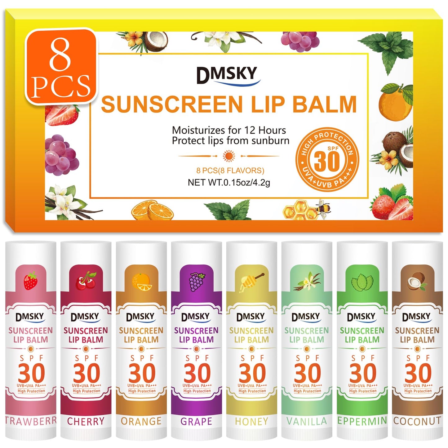 DMSKY SPF 30 Lip Balm 8 Pack, Clear Lip Sunscreen No White Cast, Broad Spectrum Sunblock for Lips with Vitamin E & Coconut Oil - Beach Essentials & Travel Size
