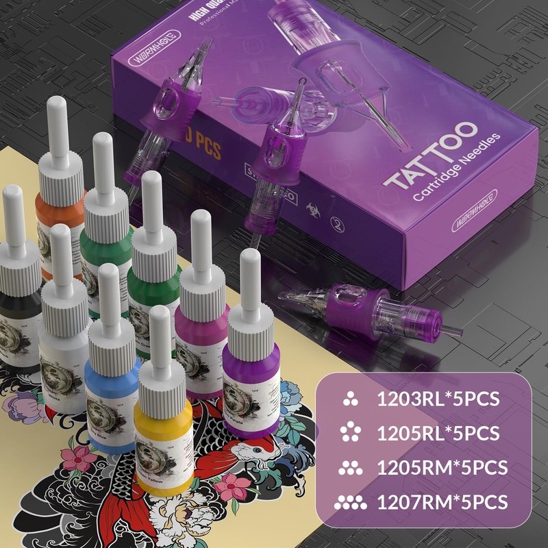 Wormhole Tattoo Gun Tattoo Kit with Wireless Tattoo Machine, 2PCS 1,200mAh Capacity Tattoo Batteries, 20 Cartridge Needles with Finger Ledge, Ink Color Set for Artists-Purple WTK293