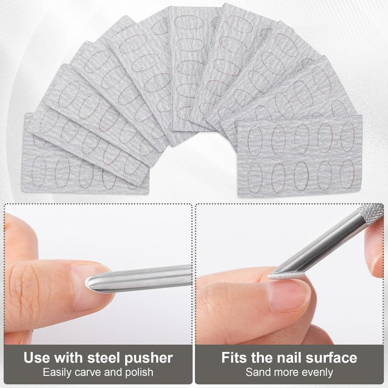 HINZIC Stainless Steel Nail Cuticle Pusher Tools Dual Ended Cuticle Remover Self-Adhesive Grey 180 Grit Sandpaper Sheets Nail Care Replacement for Women