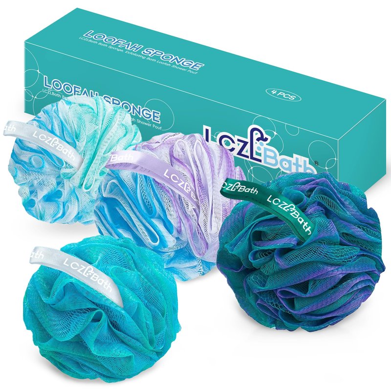 LCZLBath Shower Loofah 4PCS Soft Bath Body Sponge 60g Loofa Set Thick Wash Puffs for Women and Men (Purple-Blue-Green-Mixed)
