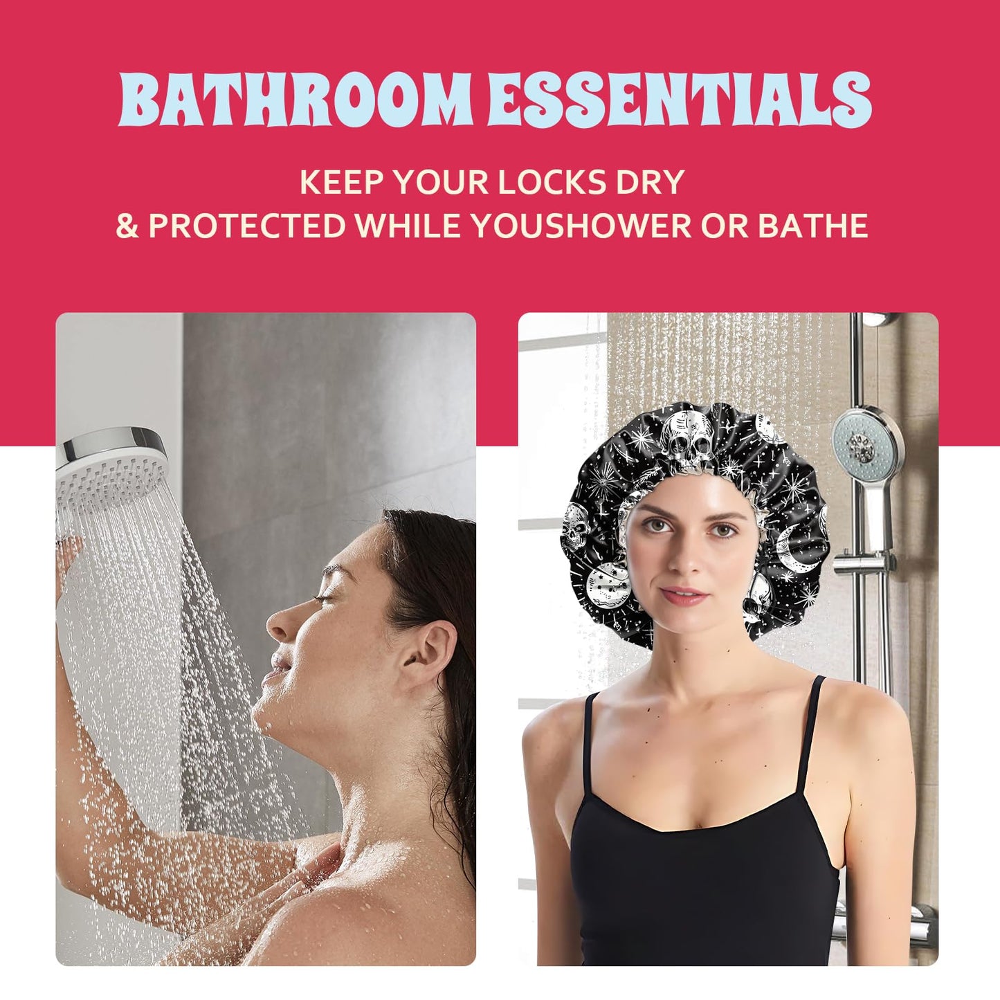 BHAHB Luxury Shower Cap Satin Lined Reusable Waterproof Double Layer Elastic Adjustable Hair Bath Cap Cute Aesthetic Women Girlss-Skull
