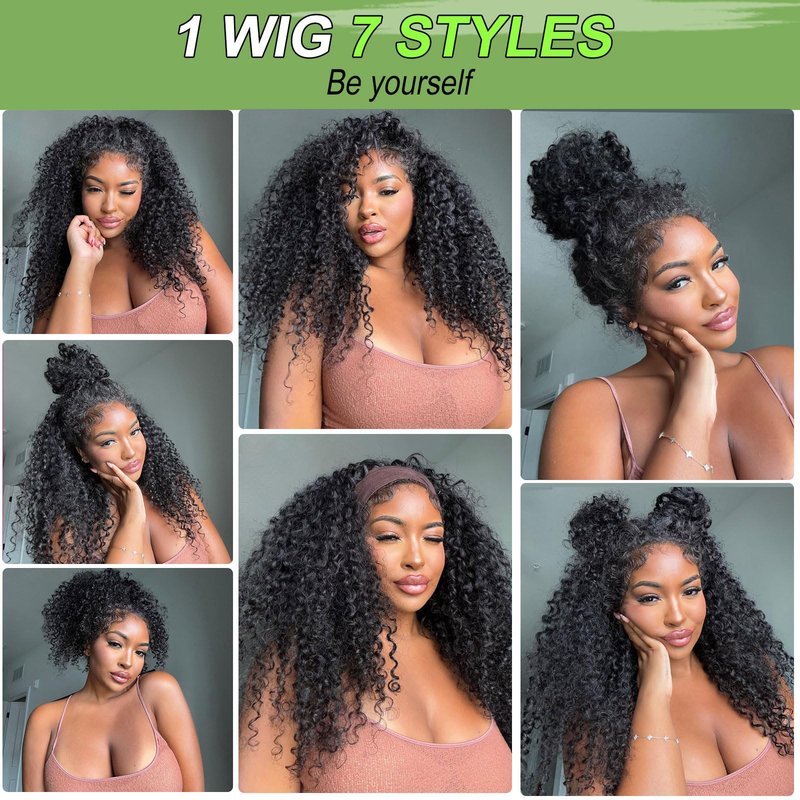 Kinky Curly Half Wig Human Hair 200 Density 3 In 1 Seamless Flip Over Half Wig 20 Inch Drawstring Headband Wig Human Hair Glueless Wear and Go Beginner Friendly Curly Human Hair Wigs for Women
