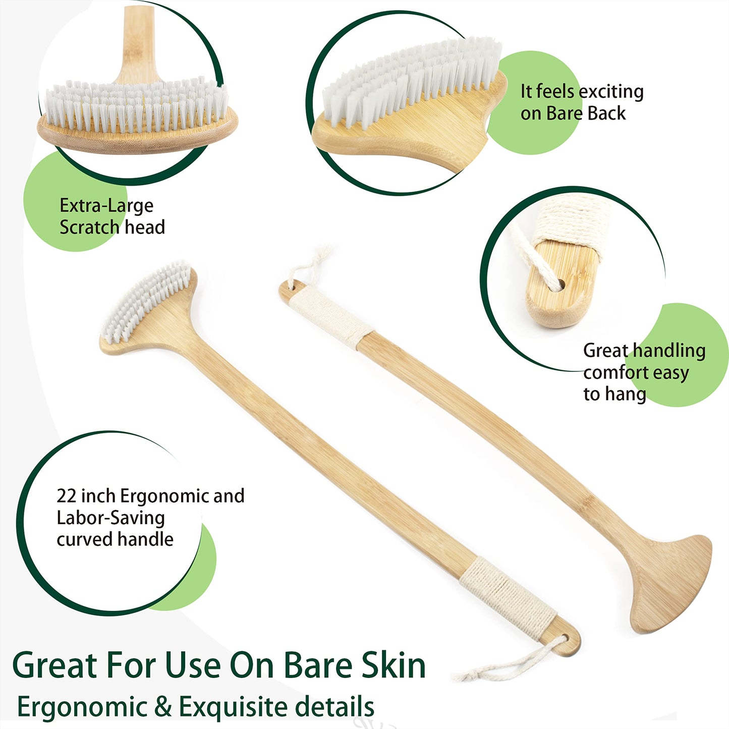 Renook Bamboo Back Scratcher, 22'' Extra Long Curved Handle Reach Back Easily, Wide Brush Head Soft Bristles for Instant Itch Relief, Wet or Dry Use for Shower, Easy to Grip for Men/Women/Elderly