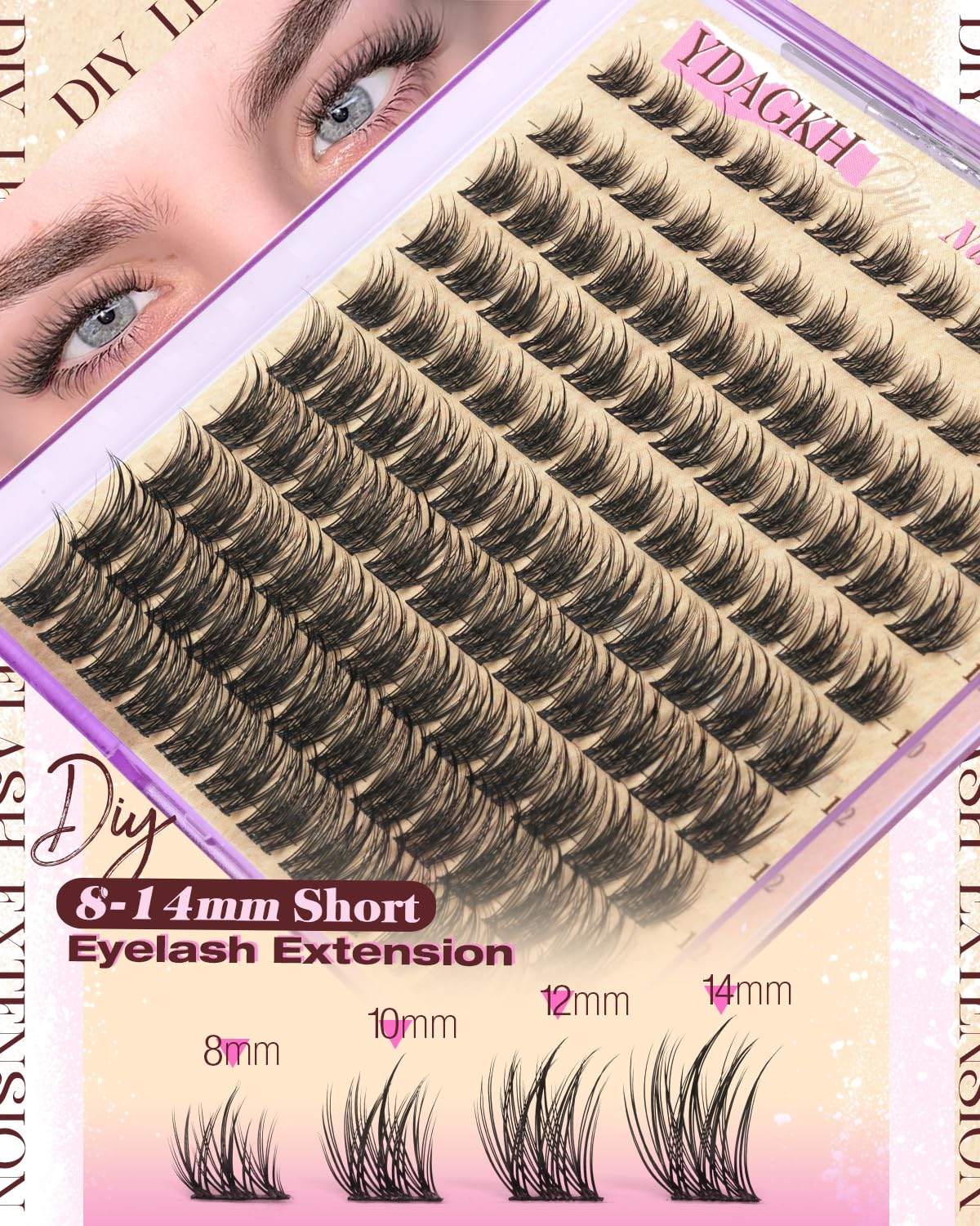 Skiennix Natural Lash Clusters - Short Spiky Eyelash Extensions | 8-14mm Wispy C Curly Mink Silk