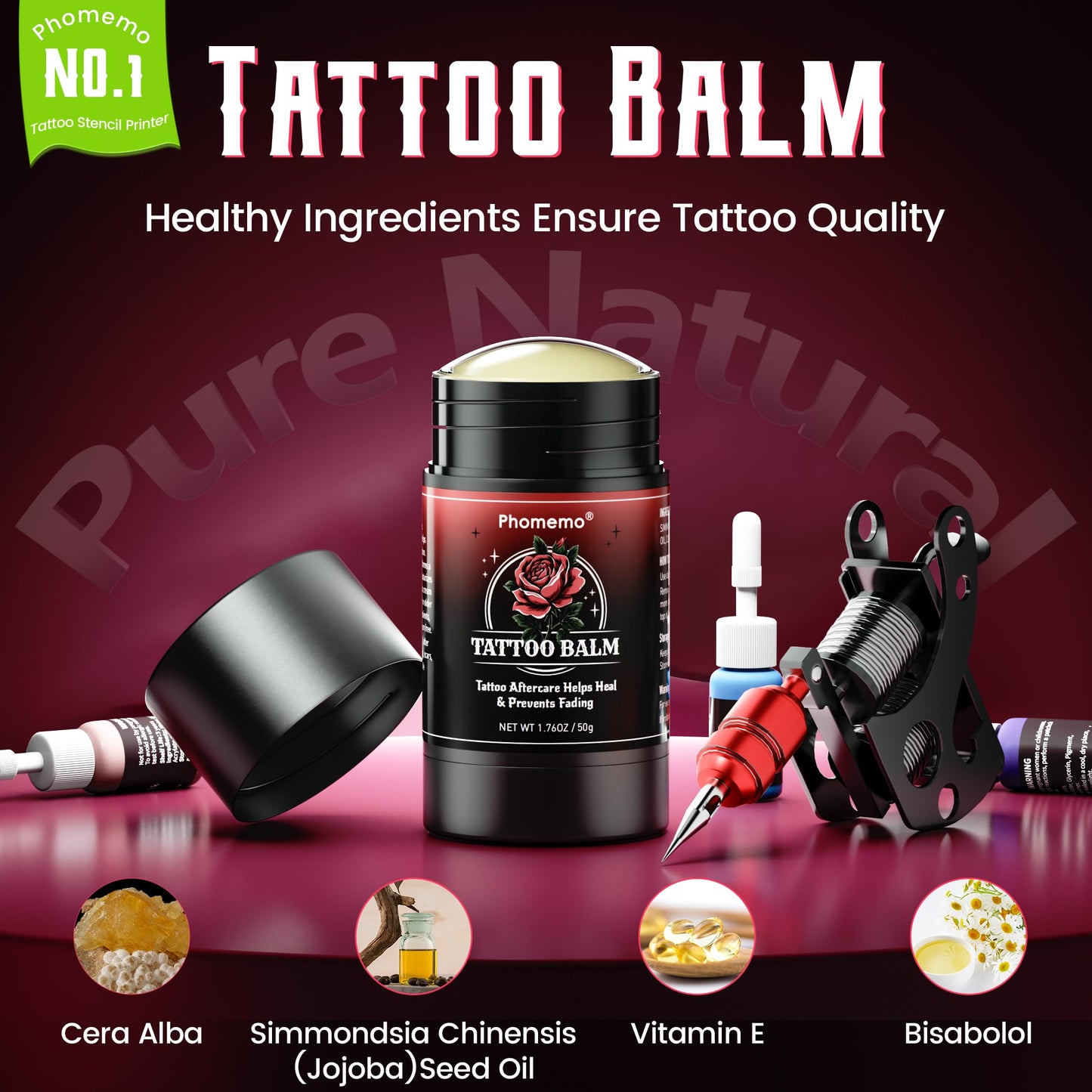 Phomemo Tattoo Aftercare Balm, 1.76oz Tattoo Balm Butter for New & Old Tattoos Healing, Moisturizing, Brightening, 100% Natural & Petroleum-Free Tattoo Cream