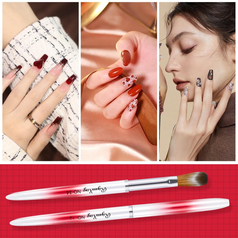 6PCS Acrylic Nail Brush Set, Kolinsky Hair, Oval Crimped Pressed Shaped, Red Metal Handle, Professional Manicure for DIY Home Salon - Sizes 4/8/10/12/14/16