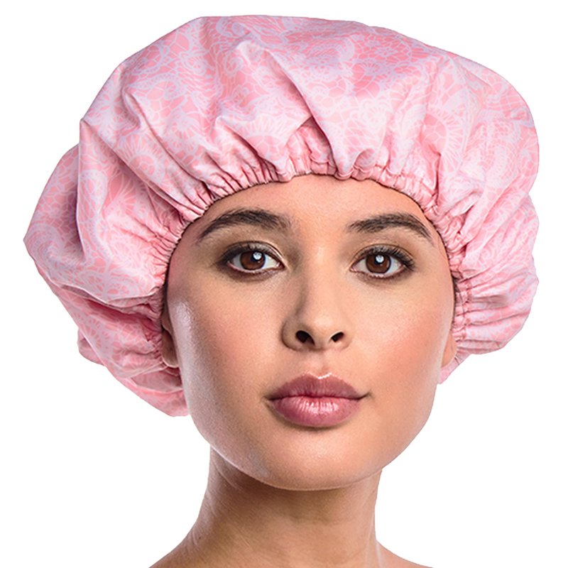 Reusable Nylon Shower & Bath Cap, Reversible Oversized Waterproof Shower Caps Large Designed for all Hair Lengths w Terry Lining & Elastic Band Stretch Hem Hair Hat - Socialite Pretty in Pink Lace