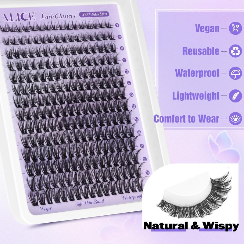 Lash Clusters Natural Wispy Cluster Eyelash Extensions DIY Individual Lashes Lash Extension Waterproof Cluster Lashes 224pcs 9-16mm Soft Thin Band by ALICE