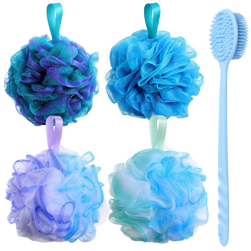 Qinyoung 4 Pcs Loofah Sponge with Soft Silicone Back Scrubber for Shower 15'' Long Handle Body Brush Exfoliating Bath Sponge for Women Men, Body Scrub, Shower Pouf Bath Accessories Soap, Blue
