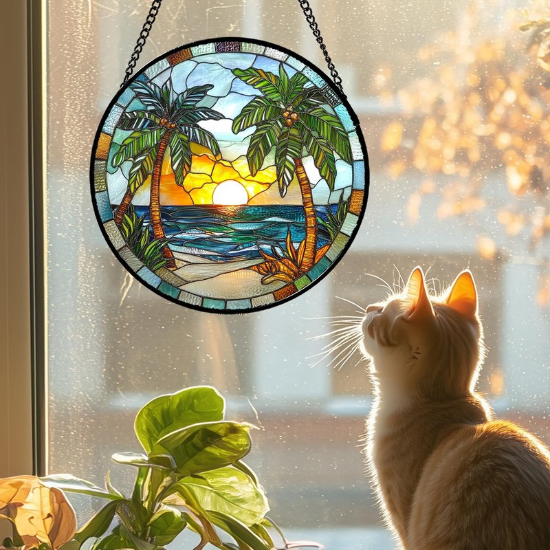 GEFOS Stained Glass Window Hanging Sea Beach Coconut Trees Sunrise 7.8" - Suncatcher Door Garden Sunroom Sun Catcher Home Decor Birthday Christmas for Mom Men Woman Nana