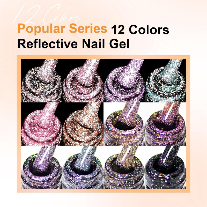 Four Lily 12 Pcs Reflective Glitter Gel Nail Polish, Shimmery Gel Polish Set Sparkly Shiny Gel Soak Off UV LED Nail Art Varnish Manicure Kit DIY at Home