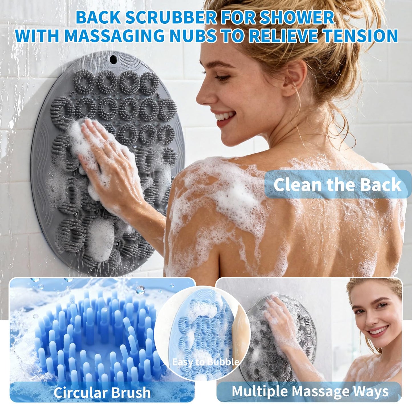 Merleu Shower Foot Scrubber Mat & Silicone Back Scrubber with Soft Silicone Bristles,Quick Drying Foot Scrubber in Shower,Deep-Cleaning Wall Mounted Back Scrubber Bath (Blue)