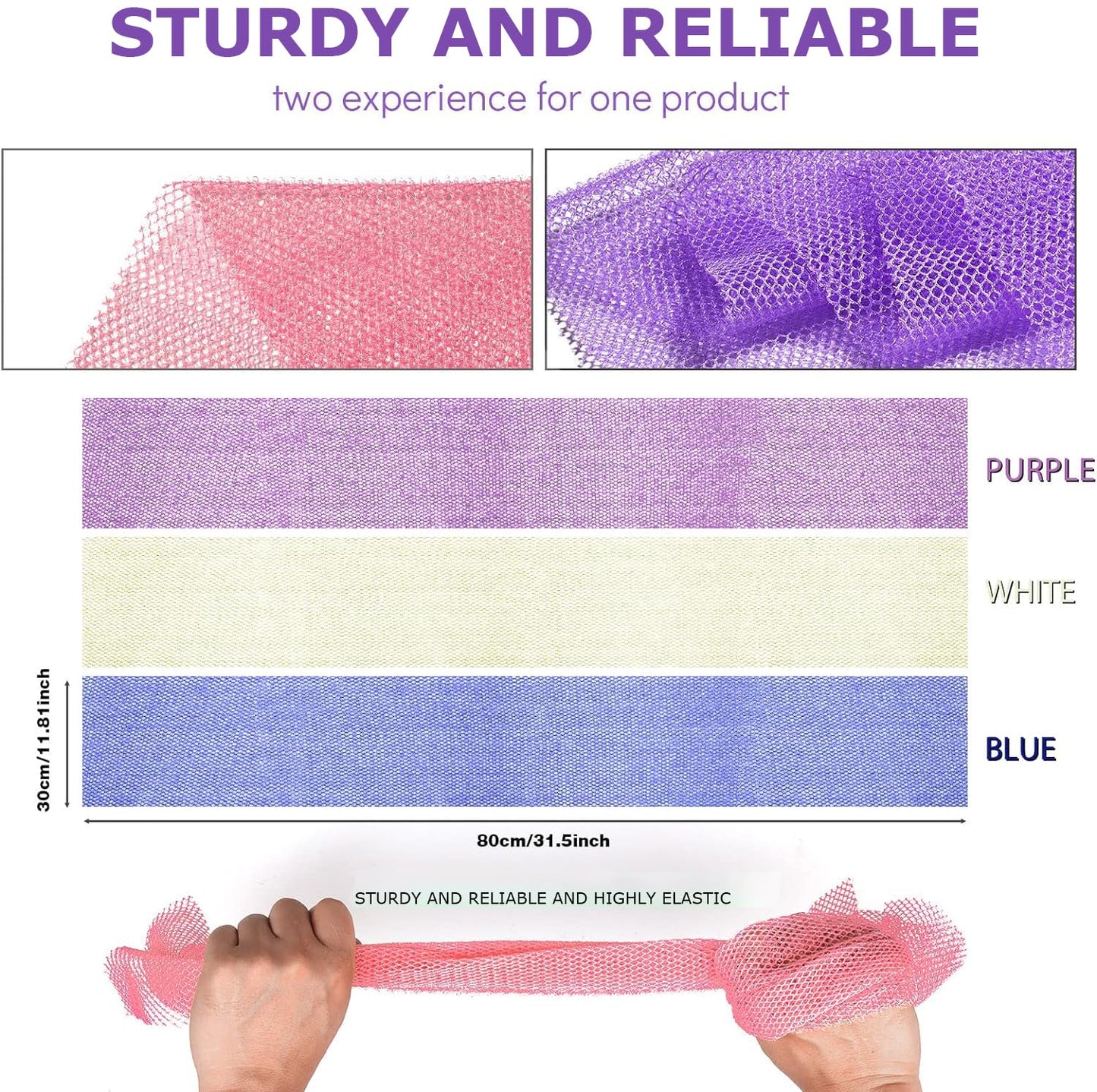 UJFQBH 3 Pieces African Bath Sponge African Net Long Net Bath Sponge Exfoliating Shower Body Scrubber Back Scrubber Skin Smoother,Great for Daily Use (Purple,Blue,Off-White)