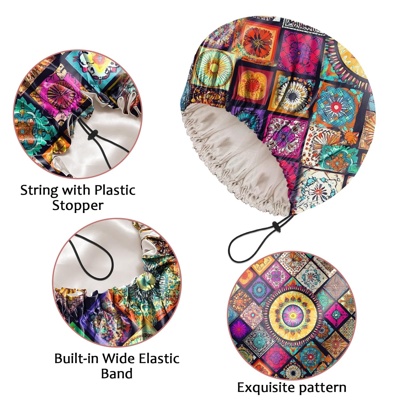 Cabreche Luxury Shower Cap Satin Silk Lined Adjustable Elastic Reusable Waterproof Shower Bath Cap Cute for Women Girls-Mandela