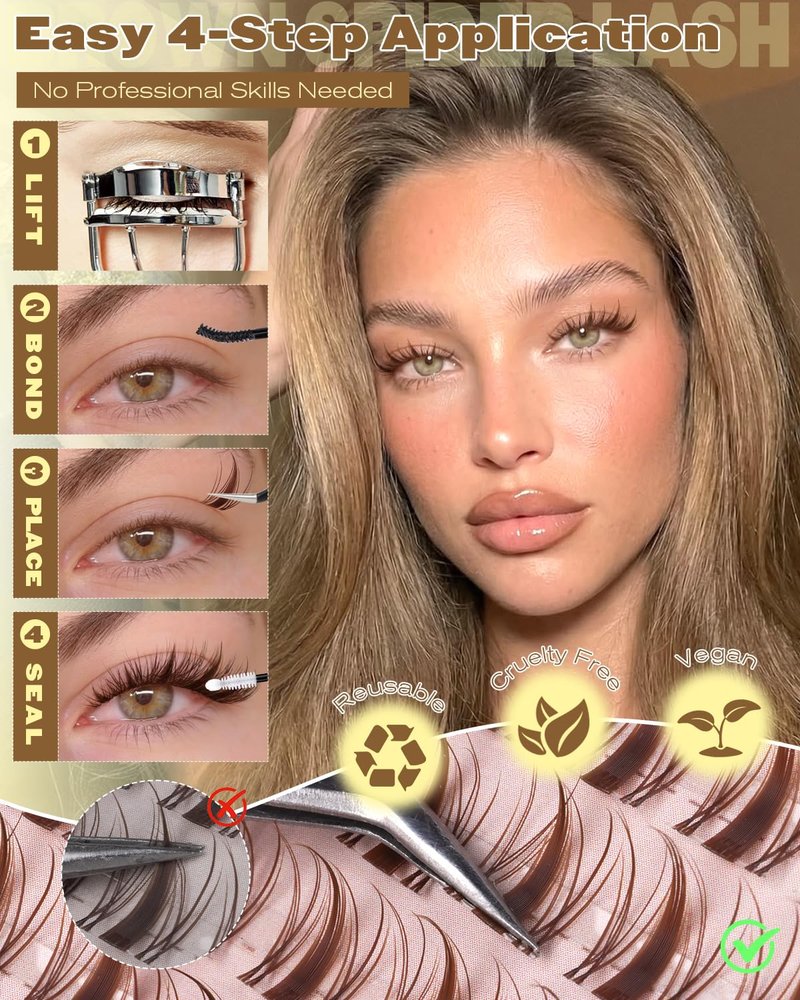 Brown Manga Lash Clusters Wispy Spiky Eyelash Clusters C Curly Fairy Cluster Eyelash Extensions with Invisible Band 8-16MM Anime Individual Lashes for DIY Lash Beginners