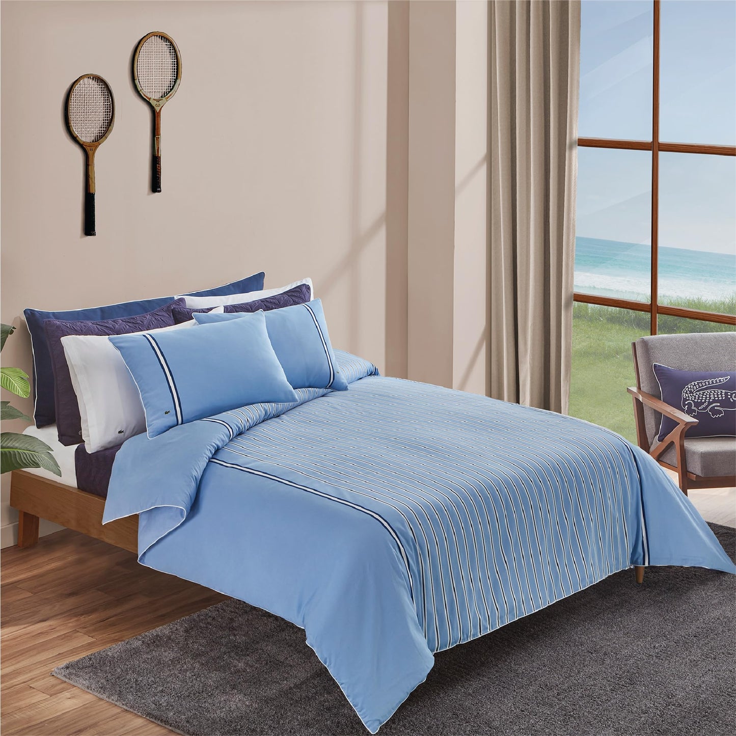 Lacoste Hollis Stripe Comforter Set, 100% Cotton Brushed Twill, Reversible Duvet with Pillow Shams, Soft & Fluffy Hotel-Style Bedding, Blue, Twin